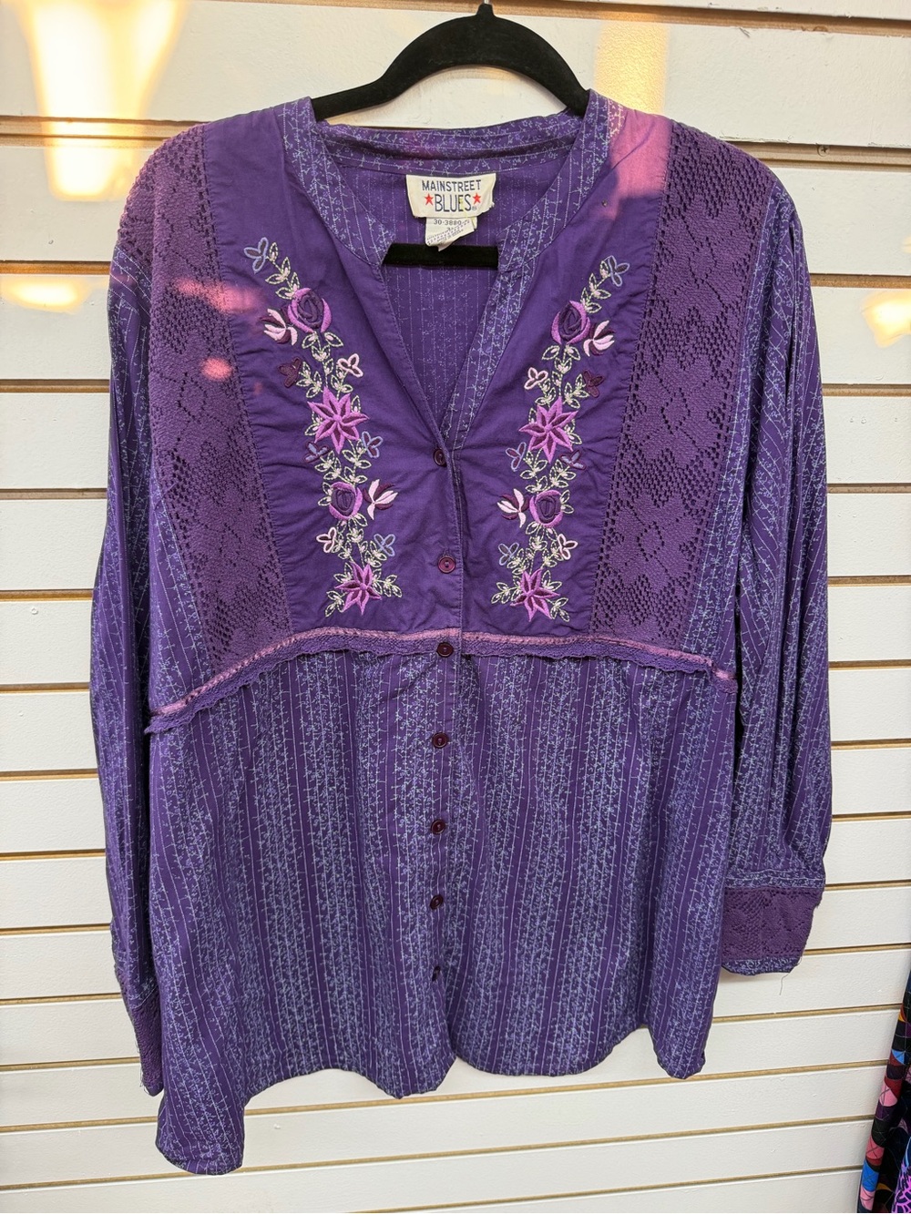 Mainstreet Blues 2X Purple Floral Button Front Cotton Blouse Top Plus Size